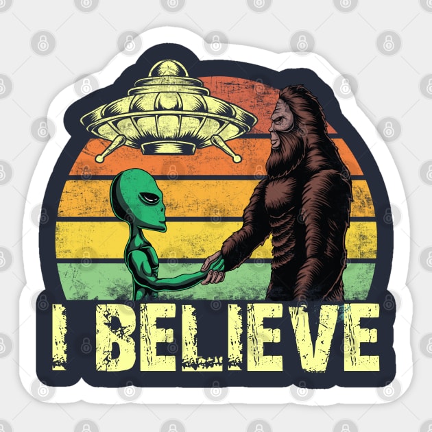 I Believe Bigfoot and Alien Believer Retro Vintage Distressed Style Sticker by missalona